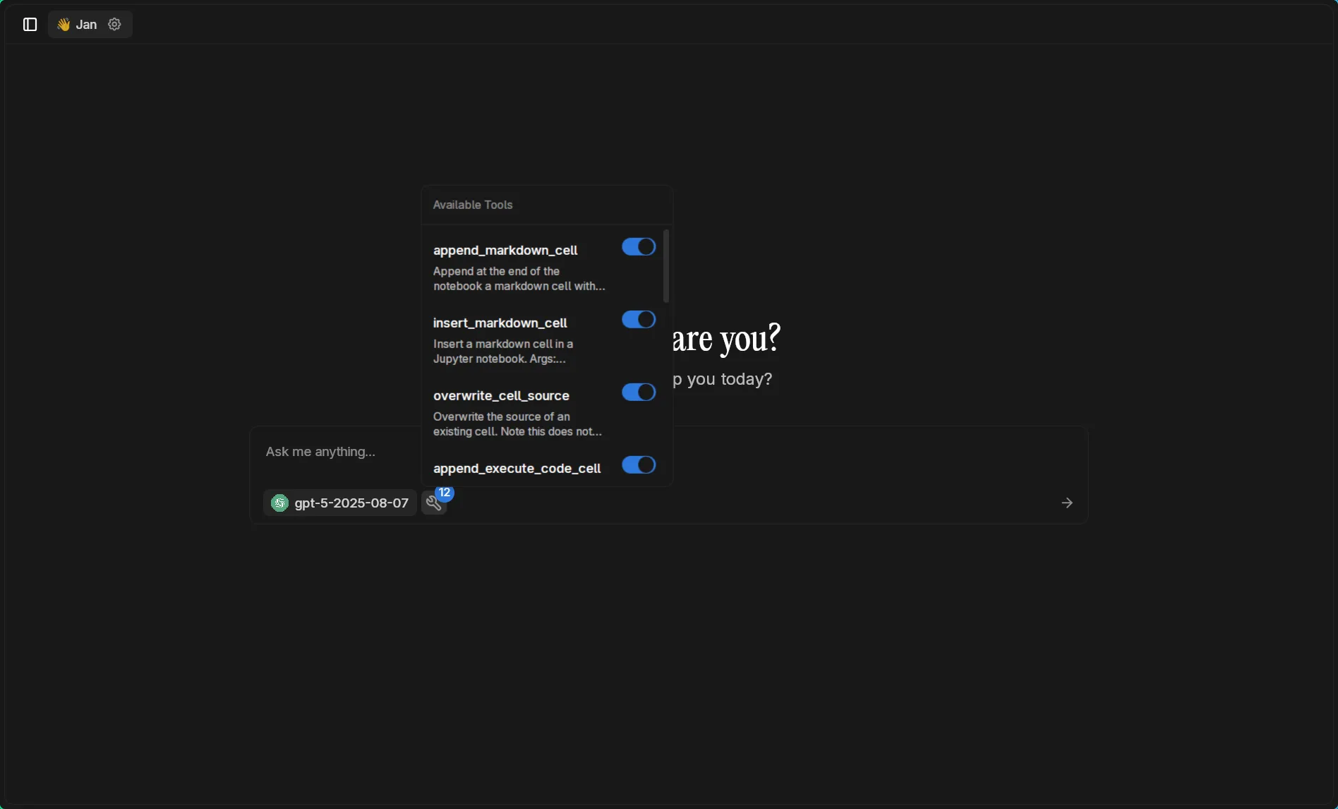 GPT-5 ready in chat with Jupyter tools visible